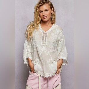POL white lace crochet tapestry patchwork floral cardigan tunic top blouse